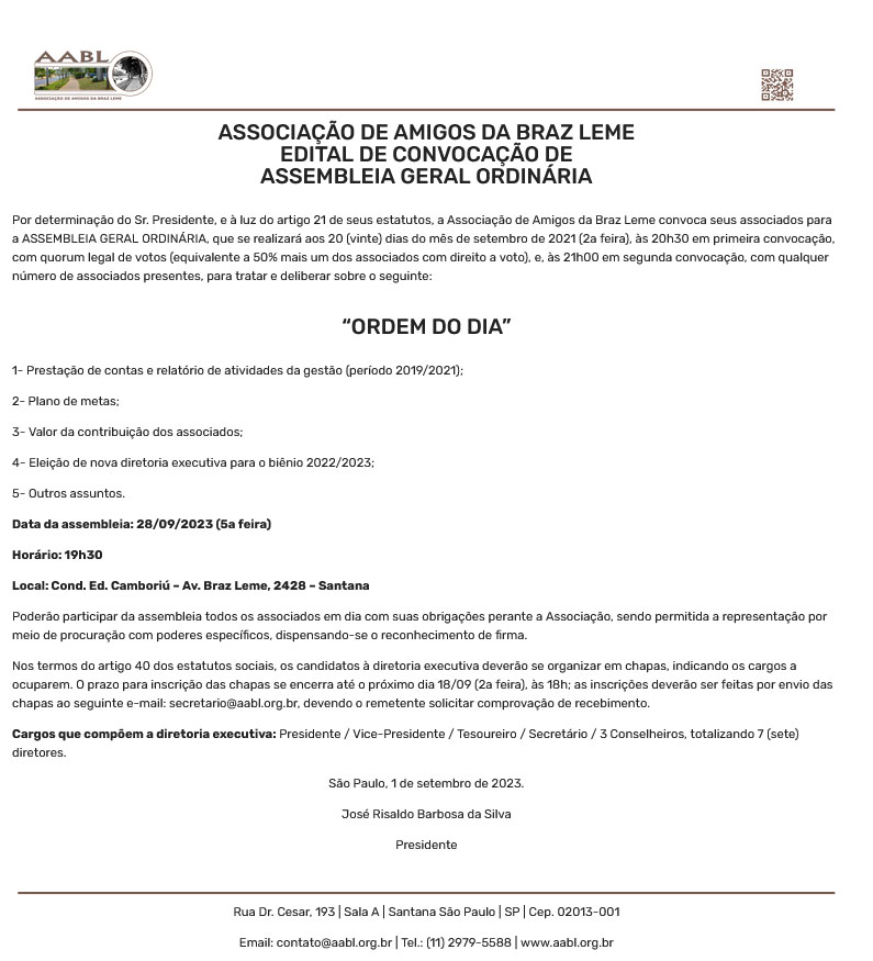 AABL - Associação de Amigos da Braz Leme - Edital de Convocação