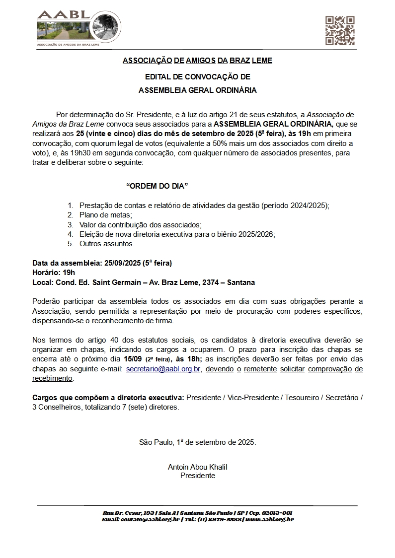 AABL - Associação de Amigos da Braz Leme - Edital de Convocação